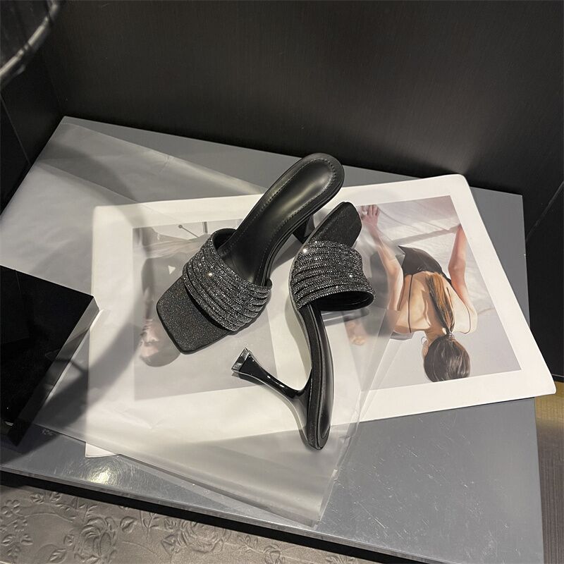 2025 new european and american style rhinestone square toe high heel mules - women's stiletto heel outdoor sexy versatile fashion slippers