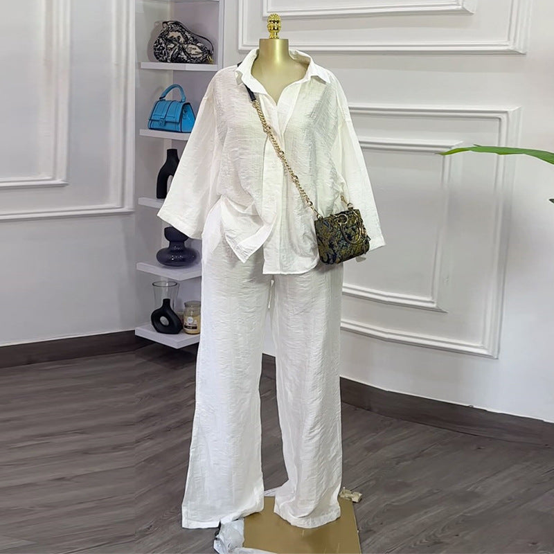 European and american women's clothing  autumn new collection: sweet & fresh, loose fit plus size shirt and high-waisted straight-leg pants two-piece set