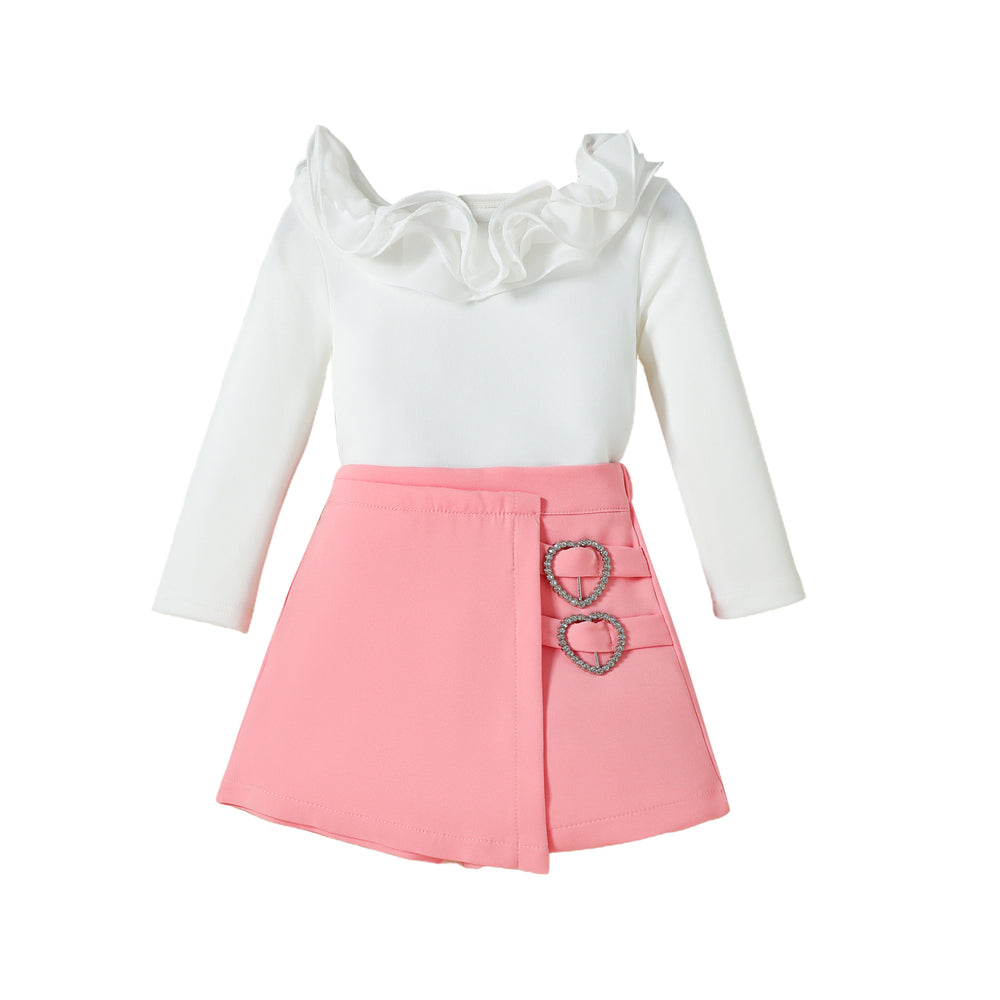 European and american autumn new girls' outfit: off-the-shoulder lace-trimmed long-sleeve top + asymmetrical skirt-pants two-piece set