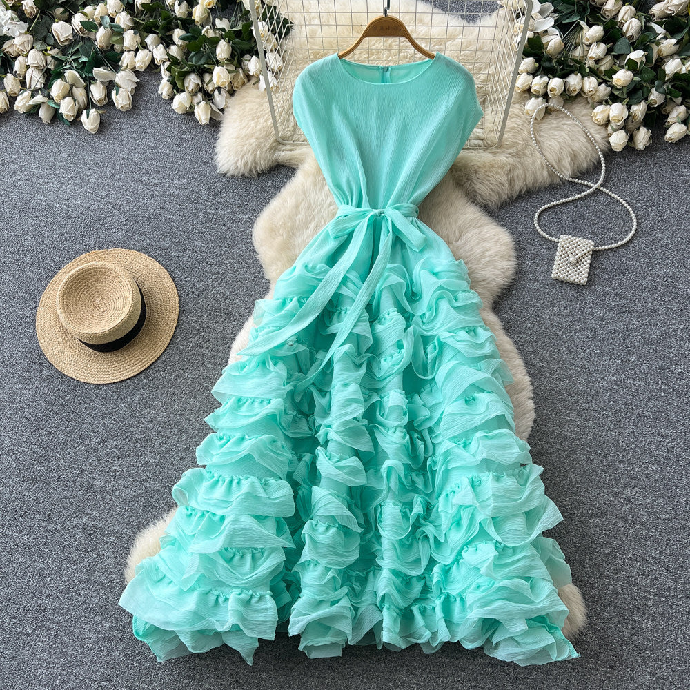 spring/summer new arrival: elegant solid color round neck sleeveless dress - loose fit, tie-waist, multi-layered ruffle maxi dress