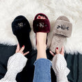 2024 new metal buckle fuzzy slippers women's autumn/winter home indoor flat warm cotton slippers