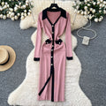 French chic color block v-neck single-breasted knit dress - slim fit bodycon maxi dress