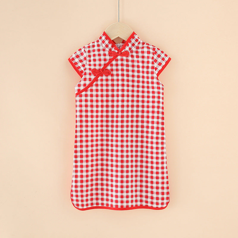 Tang suit ethnic cheongsam spring summer dress kidshan dynasty improved children's clothing small and medium-sized children's princess dress short-sleeved children's dress