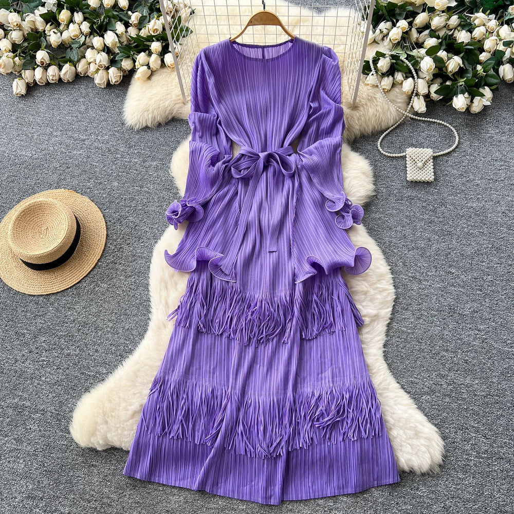 Miura pleated dress women's  autumn tie-waist ruffle trim patchwork tassel pleated elegant maxi dress