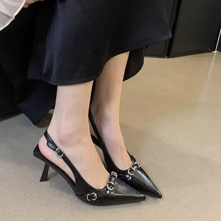 2025 spring new arrivals: chic black patent leather pointed-toe heeled sandals with unique heel design - supermodel-inspired fashion footwear