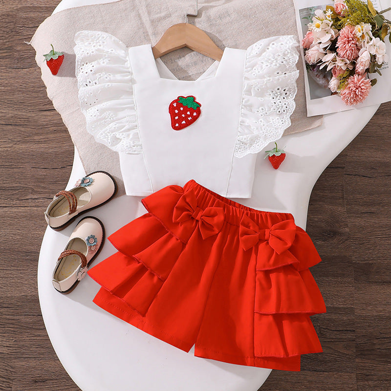 girls' clothing set:  summer new style - chic kids' flutter sleeve top with bow and layered hem shorts