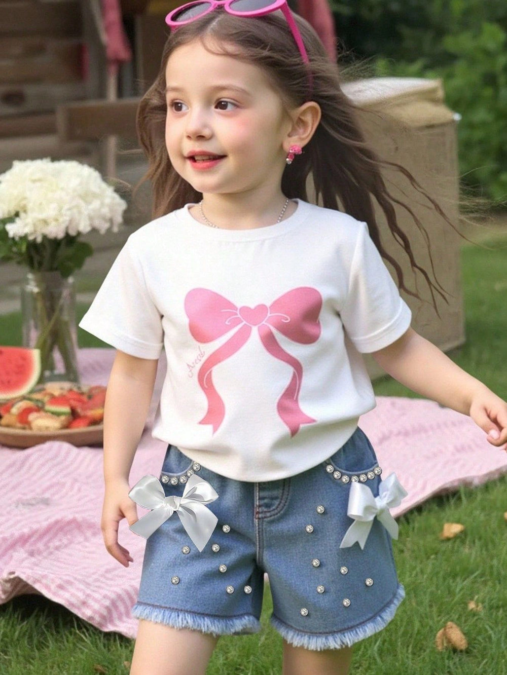 New arrival cross-border girl round neck printingknittingtops denim beads bowsjeanssuittwo-piece set