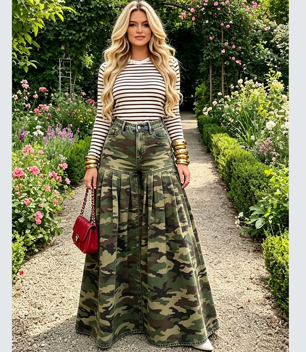 European and american high-waisted camouflage wide-leg jeans - new fashion ruffle pleated casual pants for  cross-border women's fashion