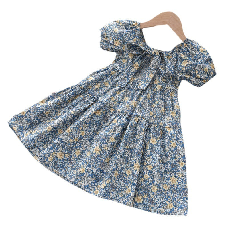 summerk-stylegirl floral skirt square collar puff sleeves back tie backdress children's clothing one piece dropshipping