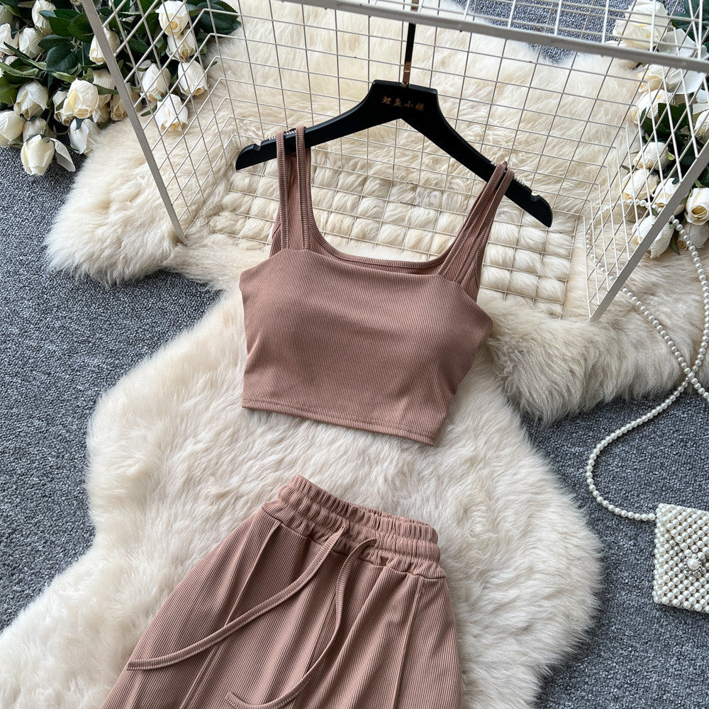 Korean style commute-friendly slim-fit tank top & high-waisted wide-leg pants set - women's summer minimalist casual slimming draped two-piece outfit