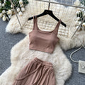 Korean style commute-friendly slim-fit tank top & high-waisted wide-leg pants set - women's summer minimalist casual slimming draped two-piece outfit