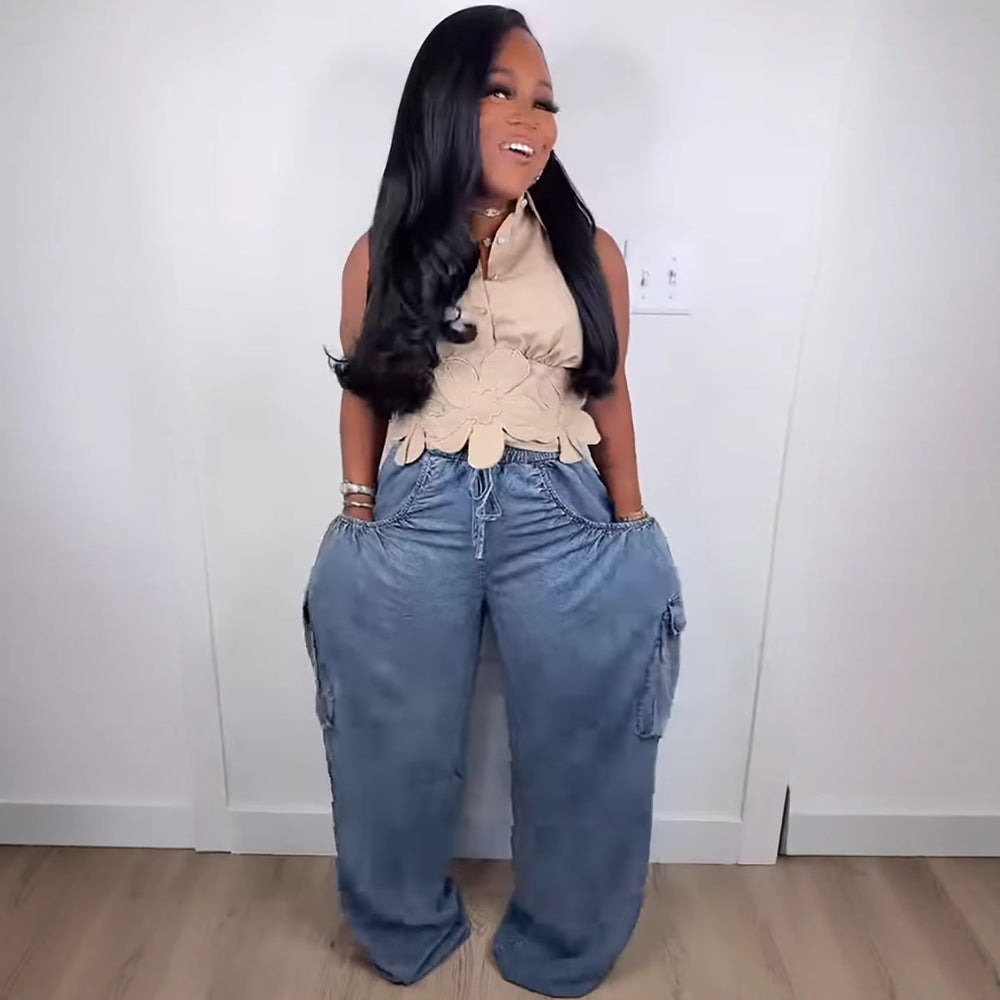 European and american style women's casual jeans -  cross-border fashion - elastic waist, drawstring tie, multi-pocket, straight-leg trousers