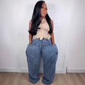 European and american style women's casual jeans -  cross-border fashion - elastic waist, drawstring tie, multi-pocket, straight-leg trousers