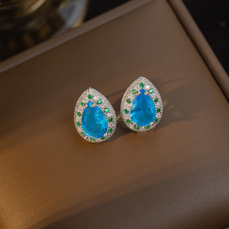 【titanium steel】new blue zircon teardrop luxury necklace and earring set, micro-paved personalized elegant stud earrings and necklace jewelry