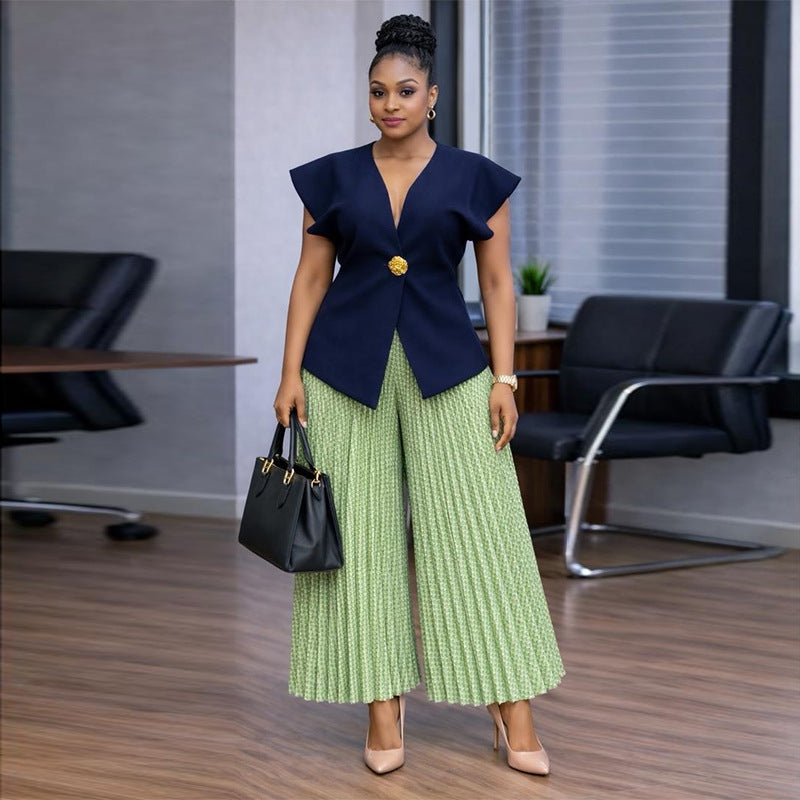 European and american cross-border women's fashion:  summer new arrival - elegant solid color asymmetrical vest top and pleated wide-leg pants set