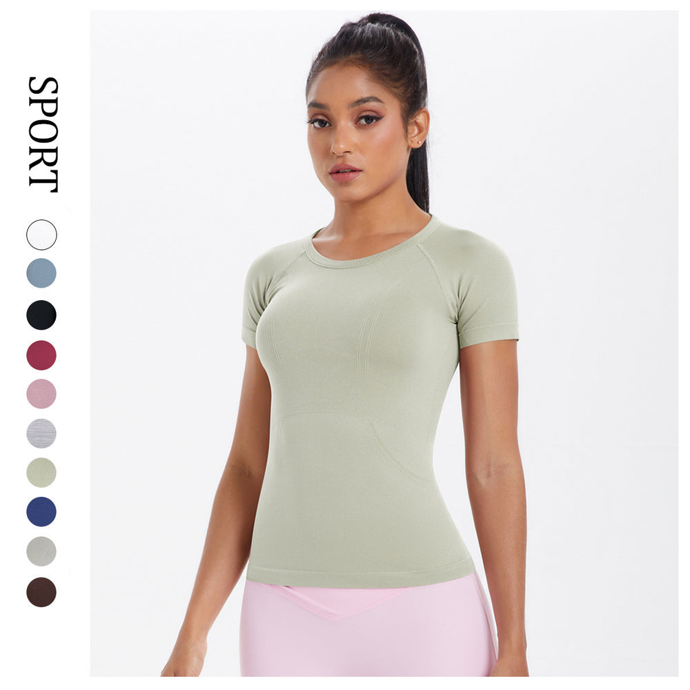 Spring/summer new one-piece knit short-sleeve crew neck sports t-shirt - running, fitness, slim-fit, breathable yoga top for women