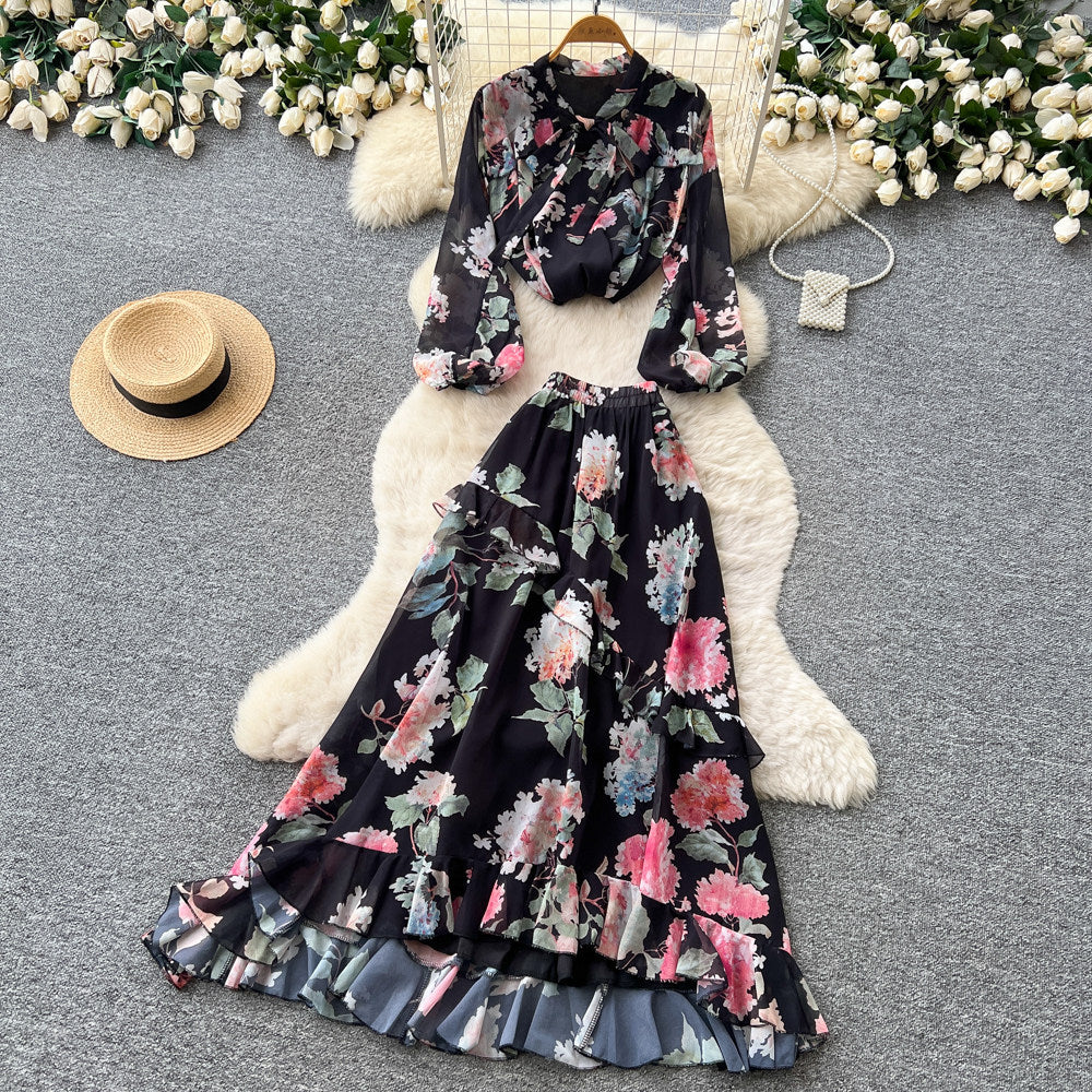 French print slim-fit two-piece set for women - autumn ruffle hem a-line skirt, commute-ready, elegant vacation style outfit