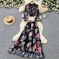 French print slim-fit two-piece set for women - autumn ruffle hem a-line skirt, commute-ready, elegant vacation style outfit
