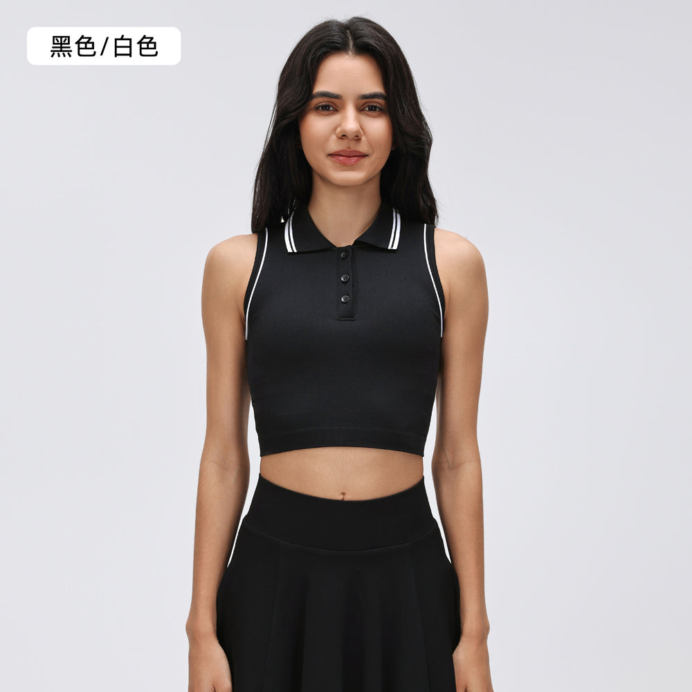Seamless color block button-down collar sports tank top - women's fashionable and versatile top with built-in bra pads for fitness and yoga - d26078