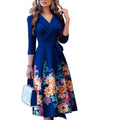 autumn new arrival  three-quarter sleeve dress v-neck fashion tie-waist printed dress