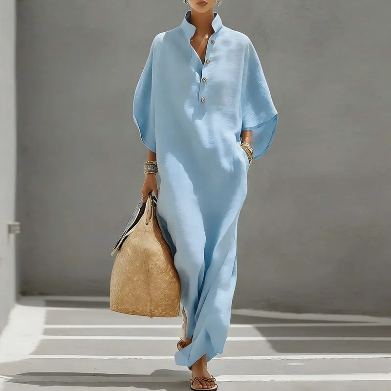 fashion women's summer fashionloose stand collar buttons mid-sleeve long vacation style shirt dress