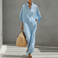fashion women's summer fashionloose stand collar buttons mid-sleeve long vacation style shirt dress