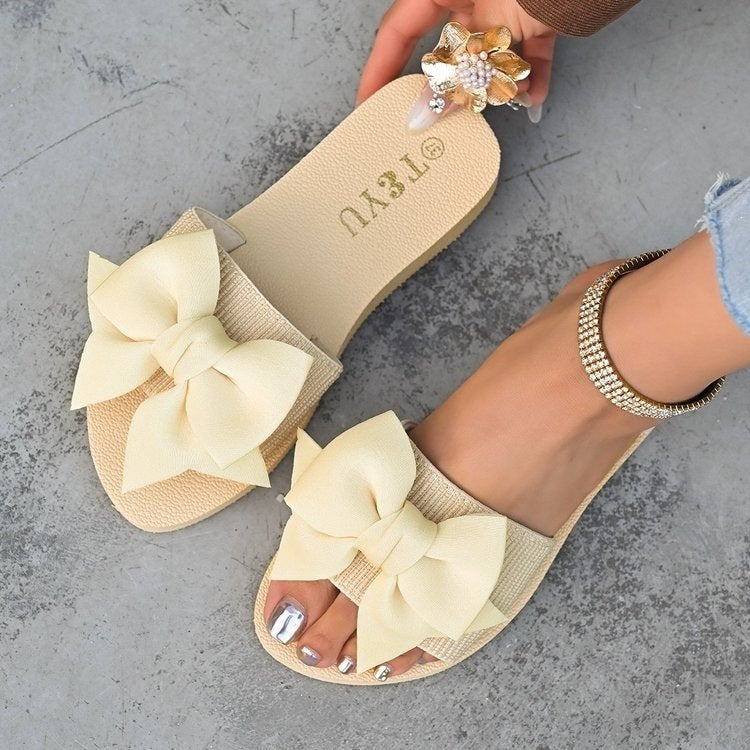 Summer new indoor casual comfort lightweight home slippers linen bowknot flip-flops flat non-slip sandals