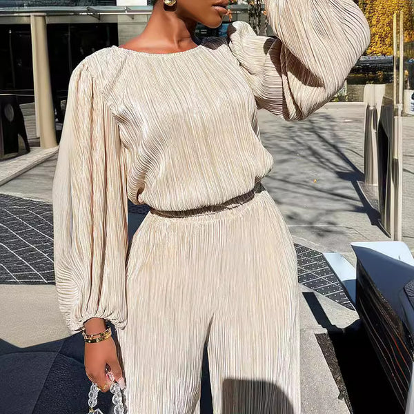 Women 2024 Spring New Home Solid Color Atmospheric Loose Casual Long Sleeve High Elastic Pleated Two-piece Set