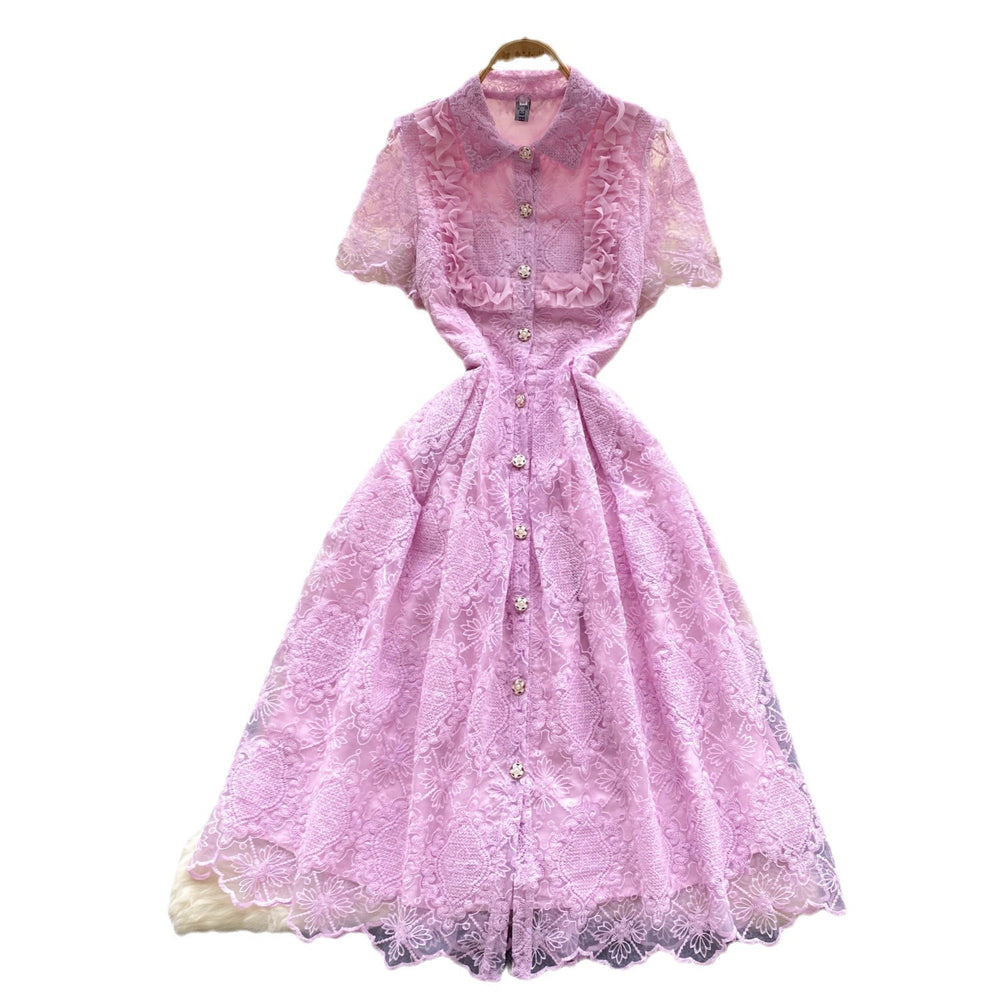 Summer french retroelegance heavy industry laceembroider lapel single breasted waist slimming lookelegant dress dress