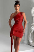 one shoulder shirred slit sexysatindressfashionsummerelegant silm