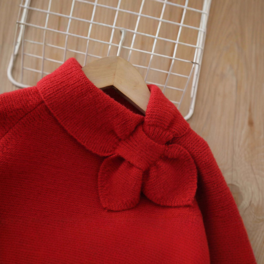 Girls' tweed style two-piece sweater set with bow scarf - autumn/winter new sweet christmas outfit