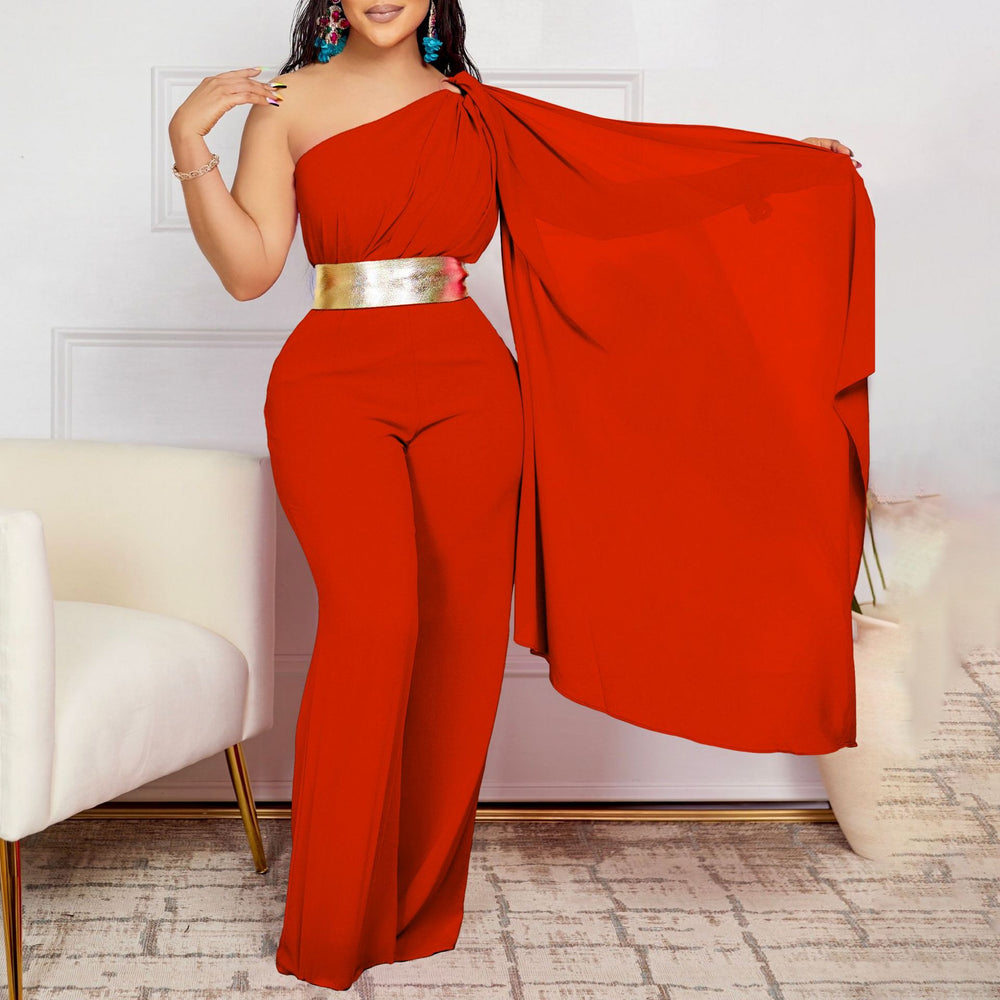 Women's long pants - spring/summer  new arrivals: fashionable and elegant asymmetrical neck, patchwork pleated, high-waisted african jumpsuit for office ladies