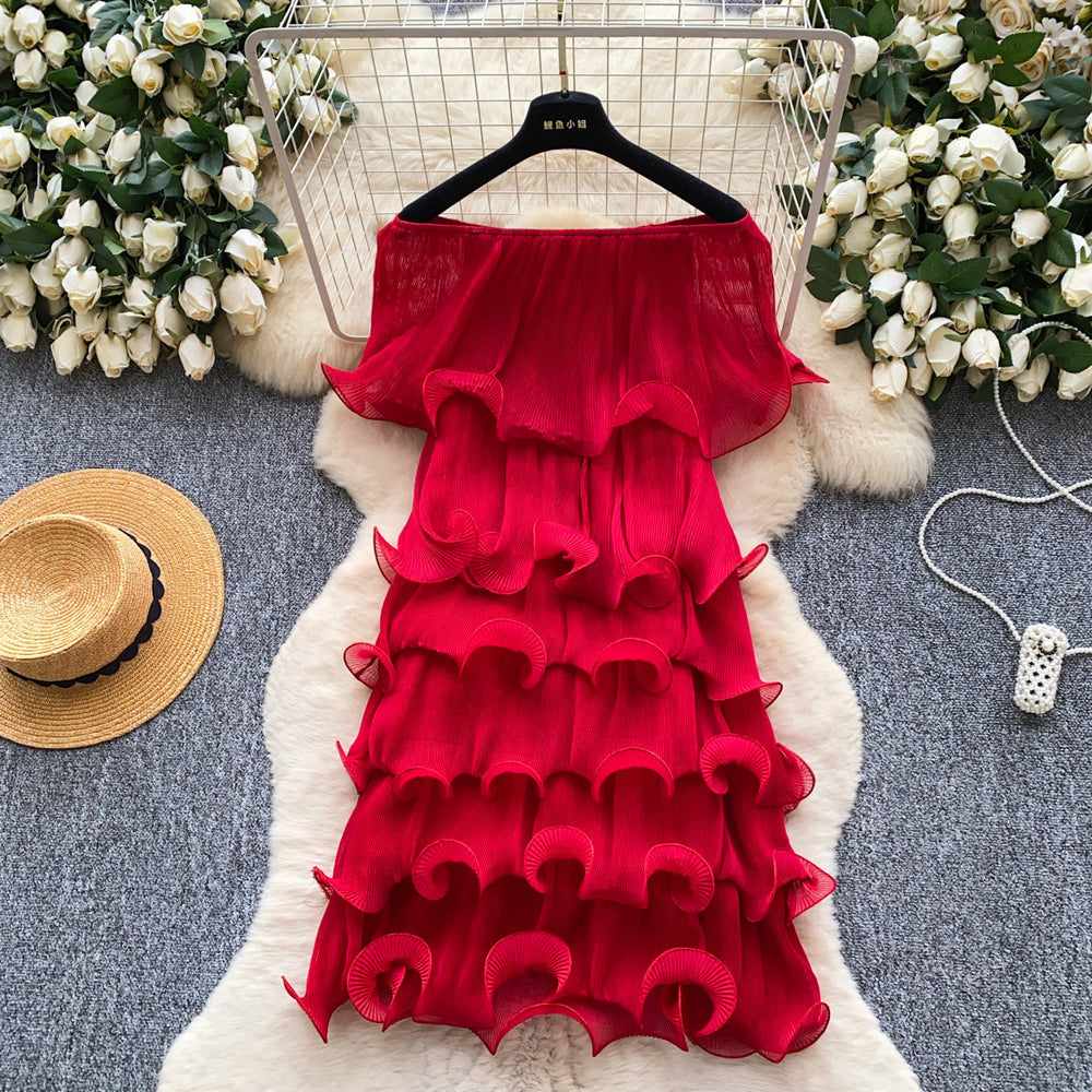 Accessible luxury dopamine ruffles cake skirt elastic women's super hot silm a-line dress classy sense vacation skirt