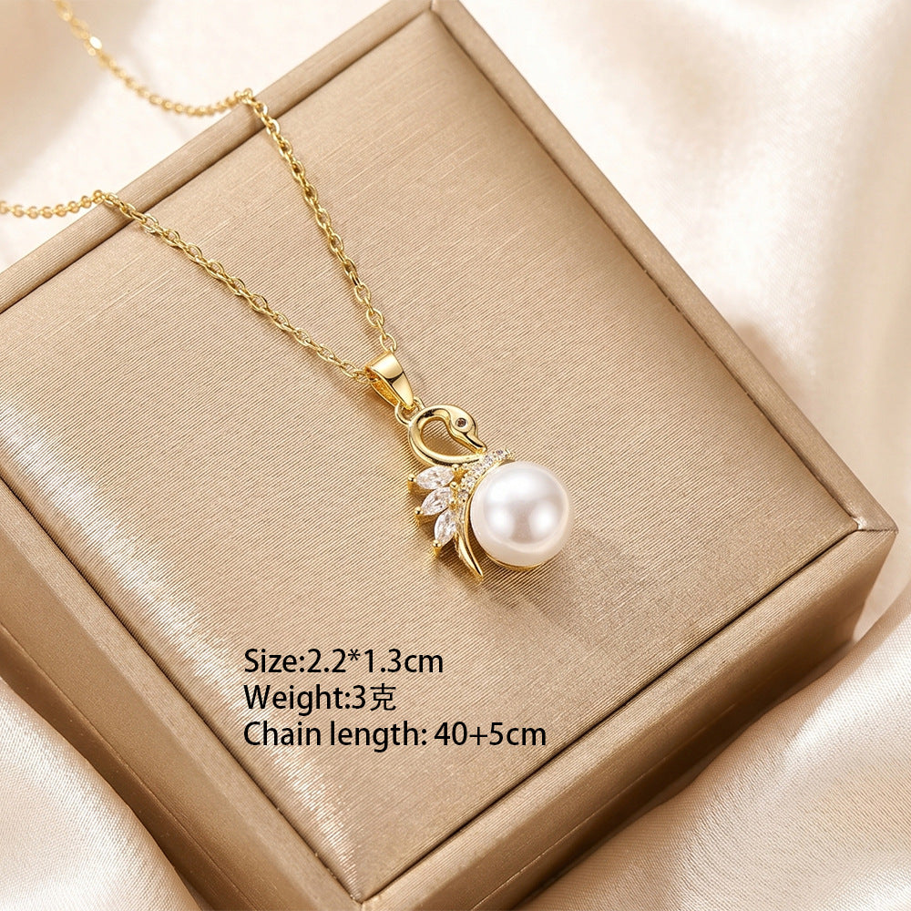 European and american hot-selling fashion zircon pearl necklace for women, lightweight luxury, niche, versatile, elegant, fashionable titanium steel clavicle chain jewelry