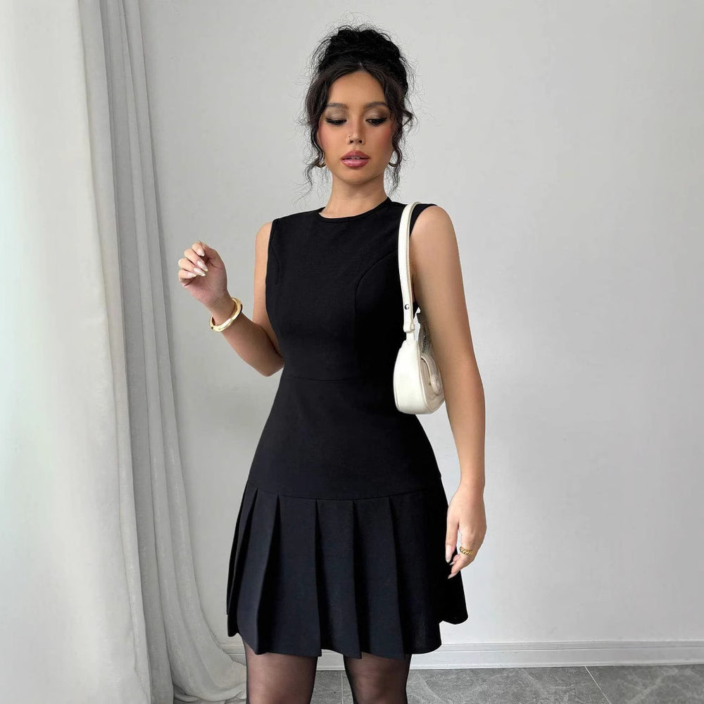 cross-border european and american style women's casual sleeveless elegant solid color ruffle mini dress - direct supply for cross-border e-commerce