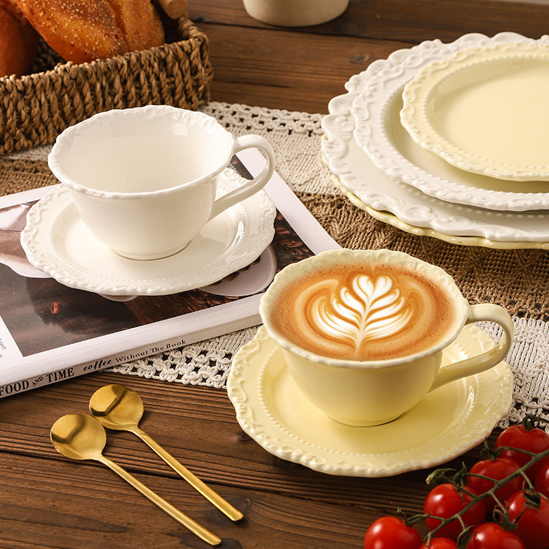 European minimalist style ceramic milk and water cup, perfect for office afternoon tea or coffee. exquisite embossed ceramic cup and saucer set