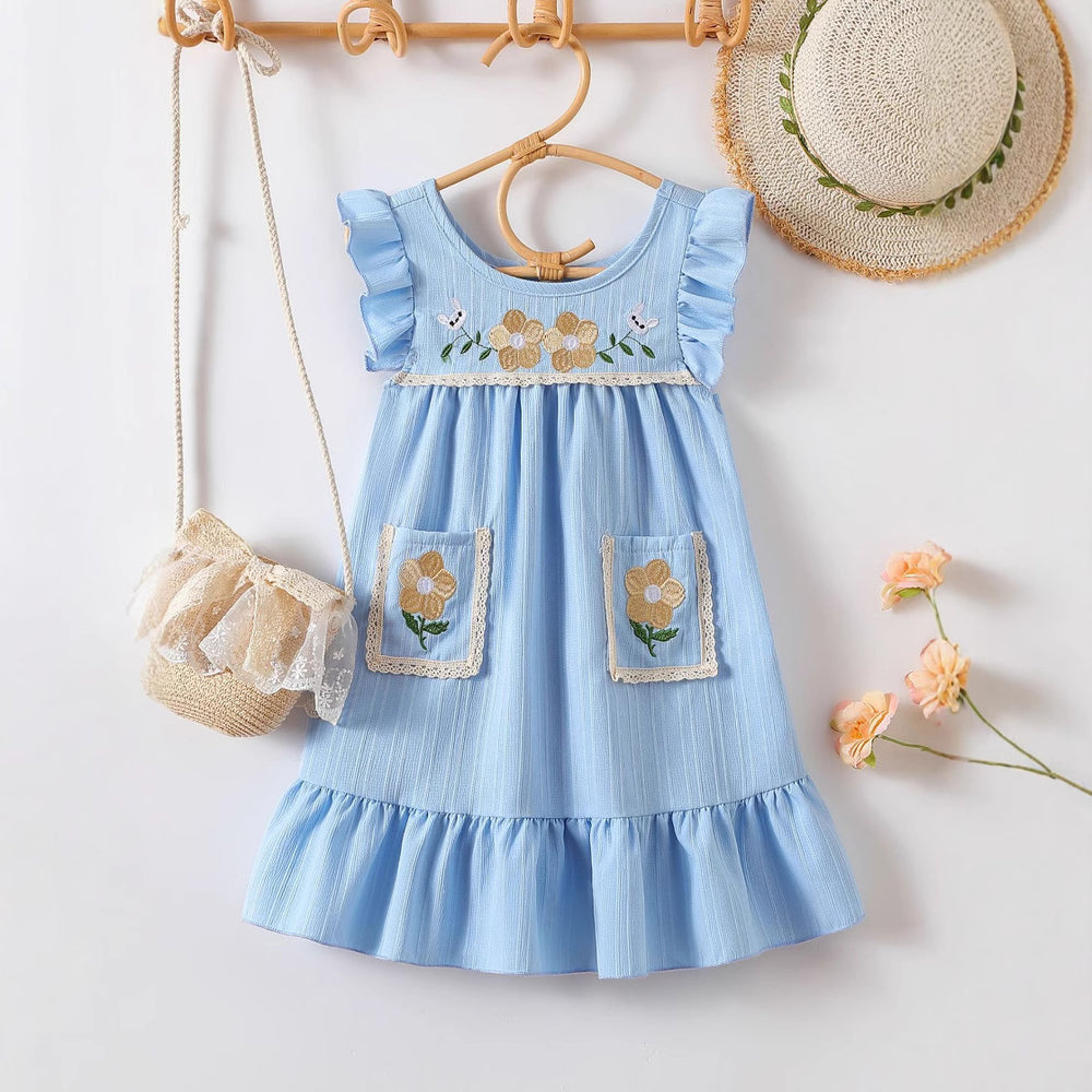 cross-border e-commerce girls' dress with lotus leaf sleeves, embroidered lace, and small pockets - perfect for beach vacations - dropshipping available