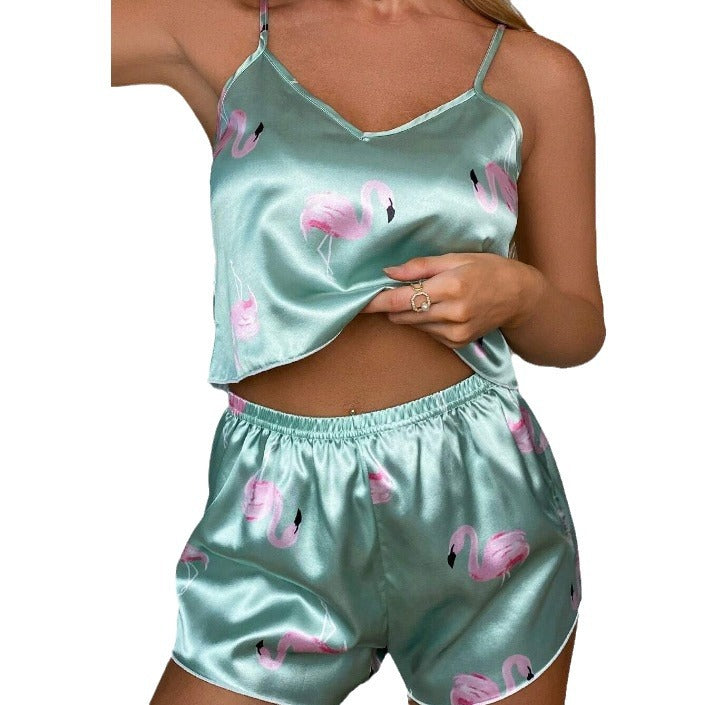 Casual suit  cross-border foreign trade leopard print suspender pajamas women's summer satin artificial silk hot style home clothes