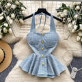 European and american hot girl style halter tank top - women's summer tweed design, unique and chic, pure & sultry, petite-friendly top