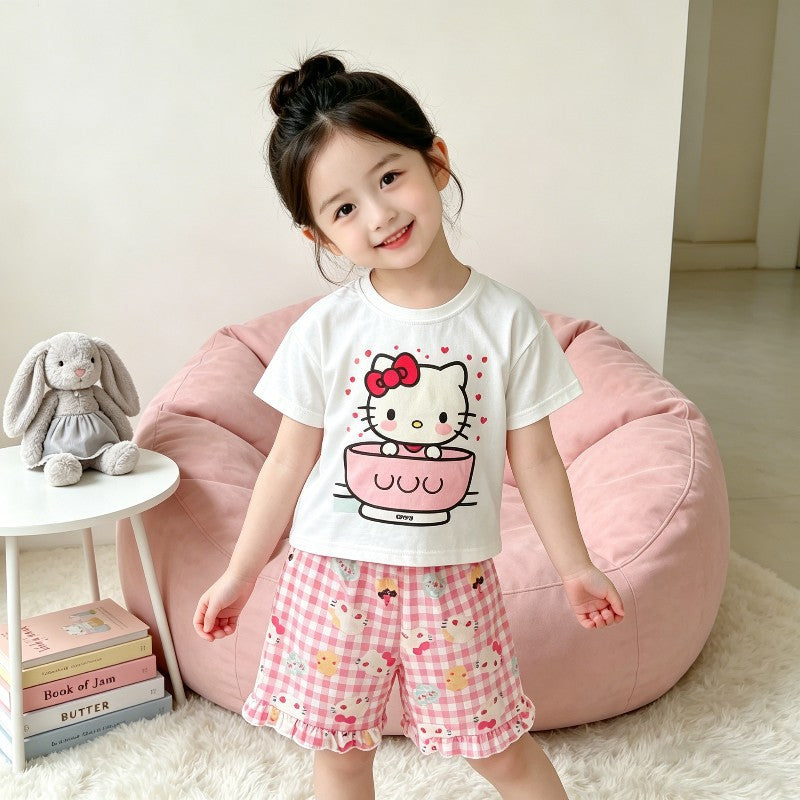 【matching family set】girls' kitty short-sleeve outfit - summer kids' hello kitty loungewear - baby cute pajamas