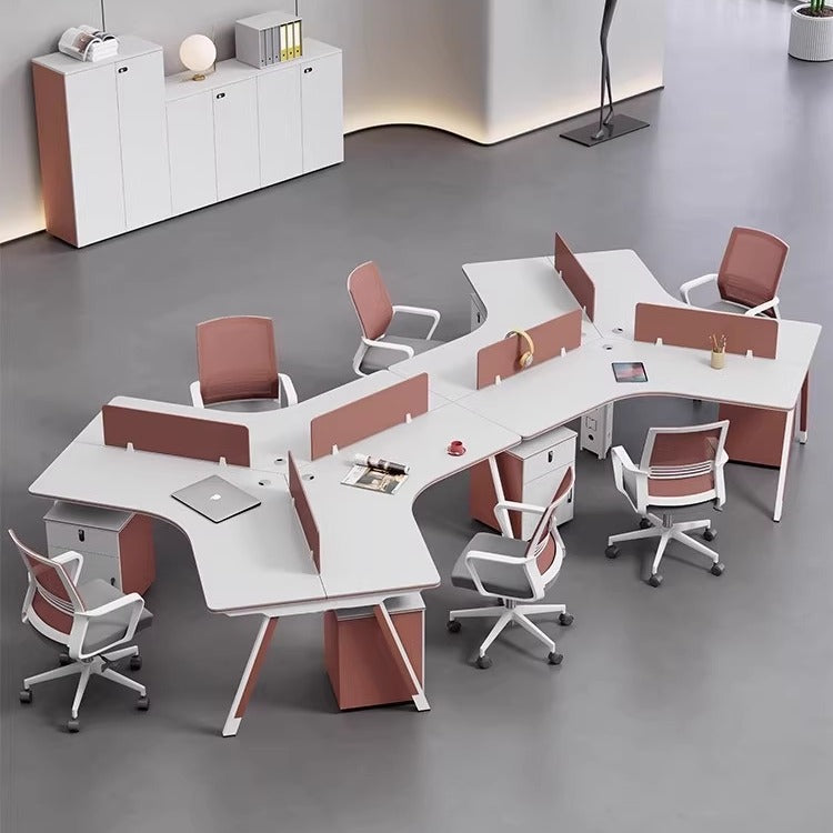Steel frame asymmetrical creative three-person office desk and chair set, 6-seat employee workstation, minimalist modern computer desk