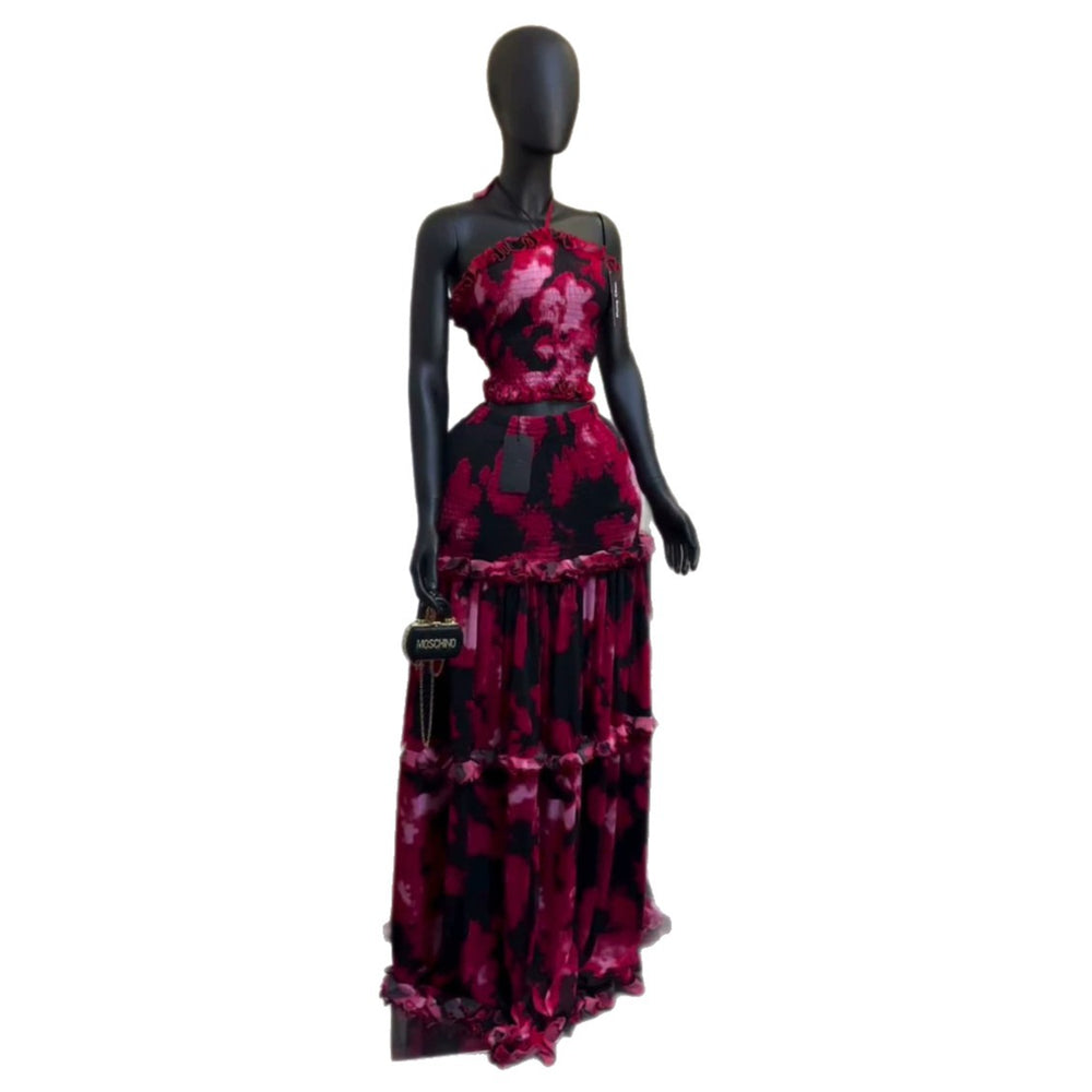 European and american cross-border women's clothing:  summer new arrival - elegant printed halter neck ruffle top and midi skirt set