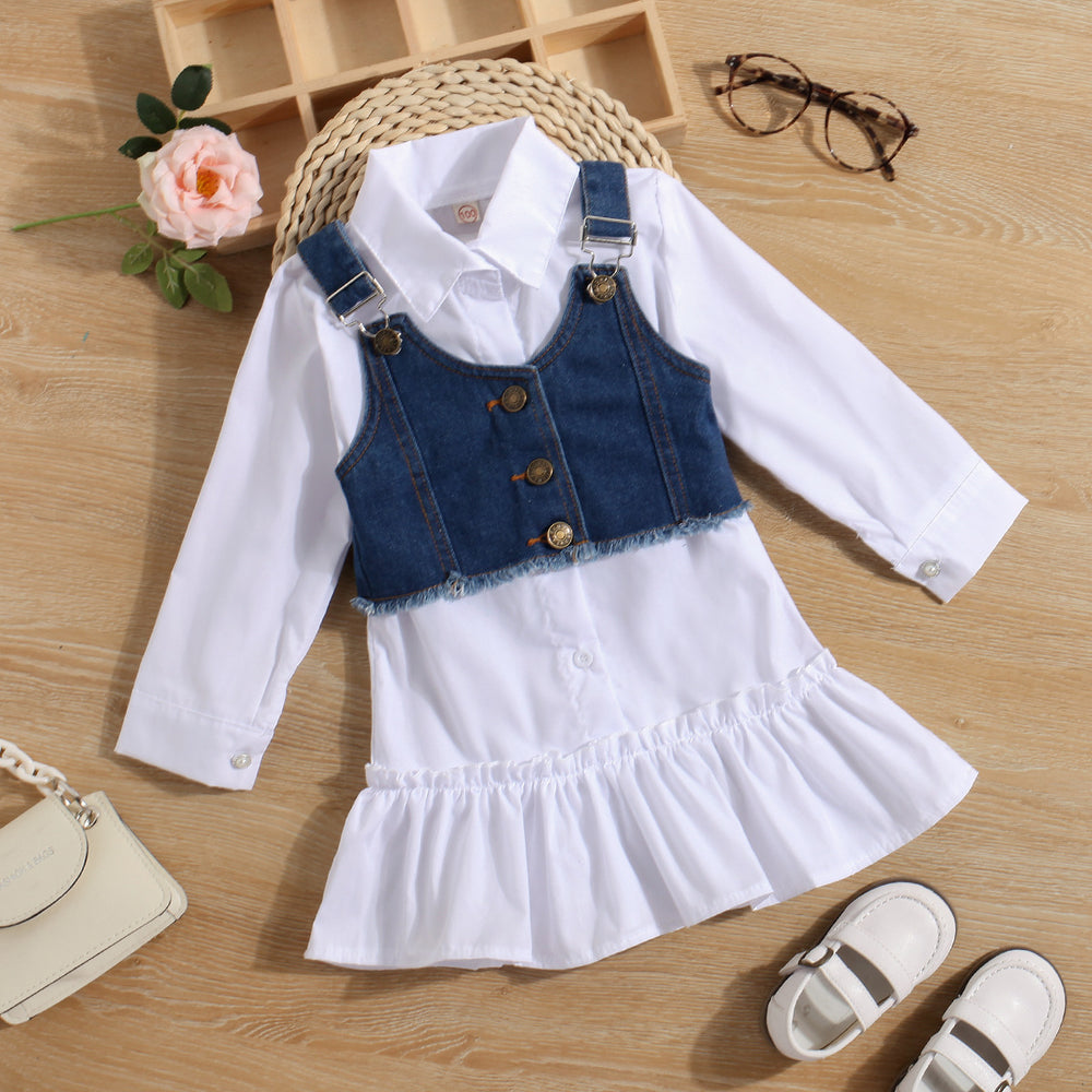 spring/autumn children's export lapel shirt dress for girls with ruffle trim, denim vest two-piece set