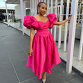 European and american export women's clothing  summer new fashion square neck puff sleeve solid color cinched waist midi dress
