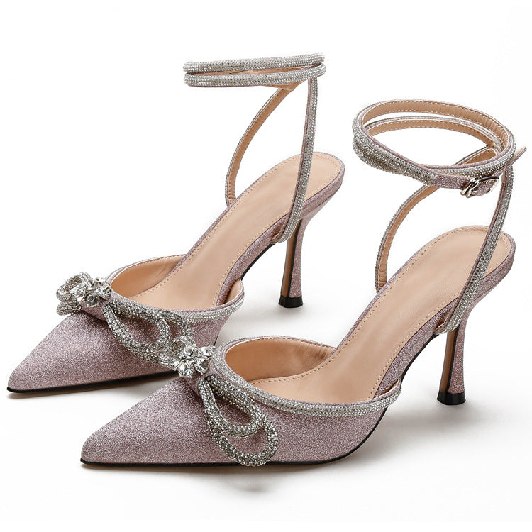 European and american high heels 2026 new bowknot women's shoes rhinestone pointed toe pumps strappy stiletto ultra high heels