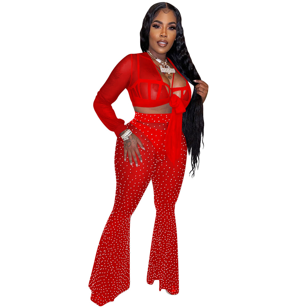 C5869   fashion new product nightclub hot diamond mesh see-through strap long-sleeved pants three-piece set