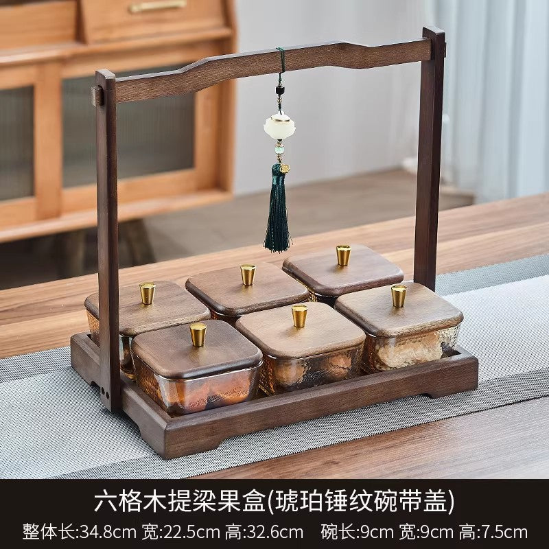 Chinoiserie walnut color dried fruit plate for home divided grids four-square grid lifting beam wedding new home glass bowl fruit plate fruit plate