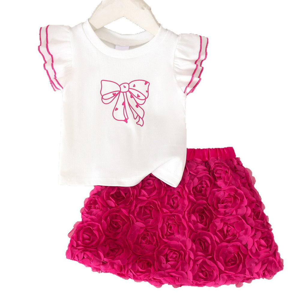 Girls' rose tutu dress with flutter sleeves, bow accent, and ribbed knit top - 3d rose tulle skirt - summer style