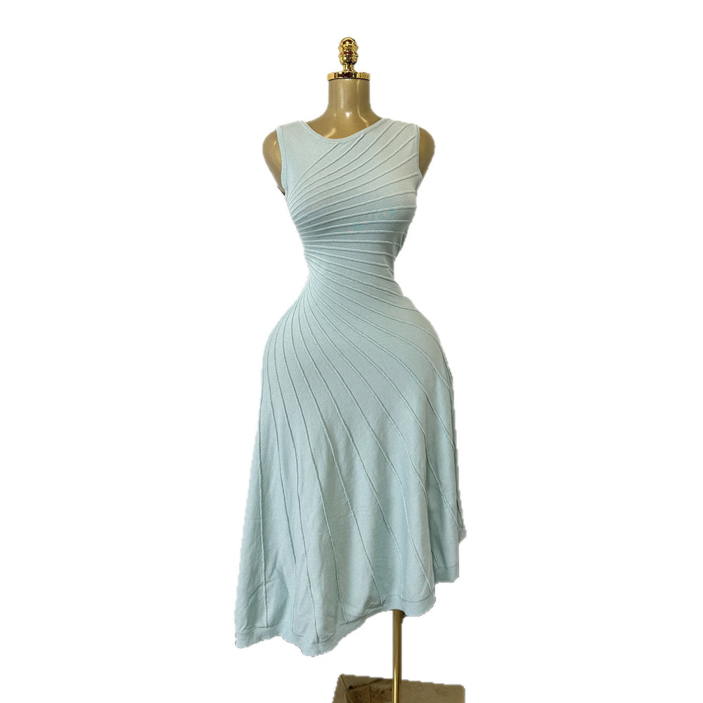French sleeveless knittingdress women's water ripple hip cover long skirt summer slant neck ice silk asymmetrical a-line skirt