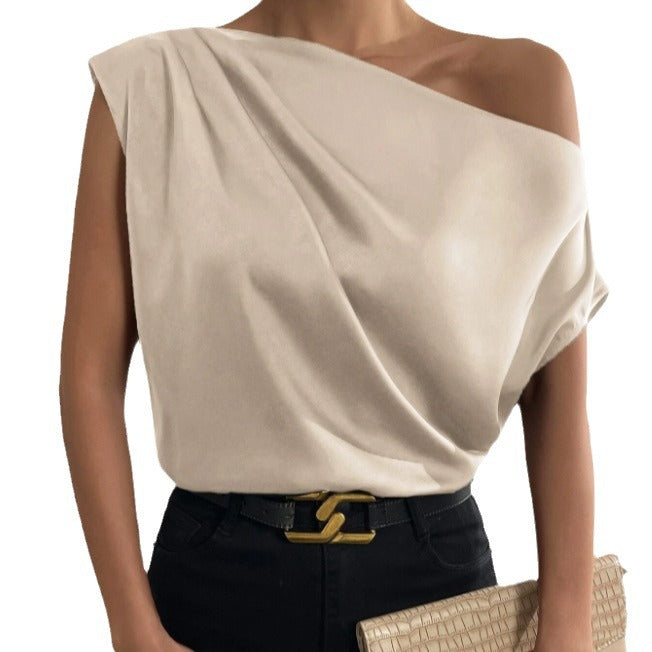 spring solid color satin faux silk asymmetrical one-shoulder off-the-shoulder sleeveless pullover blouse - european & american style women's clothing